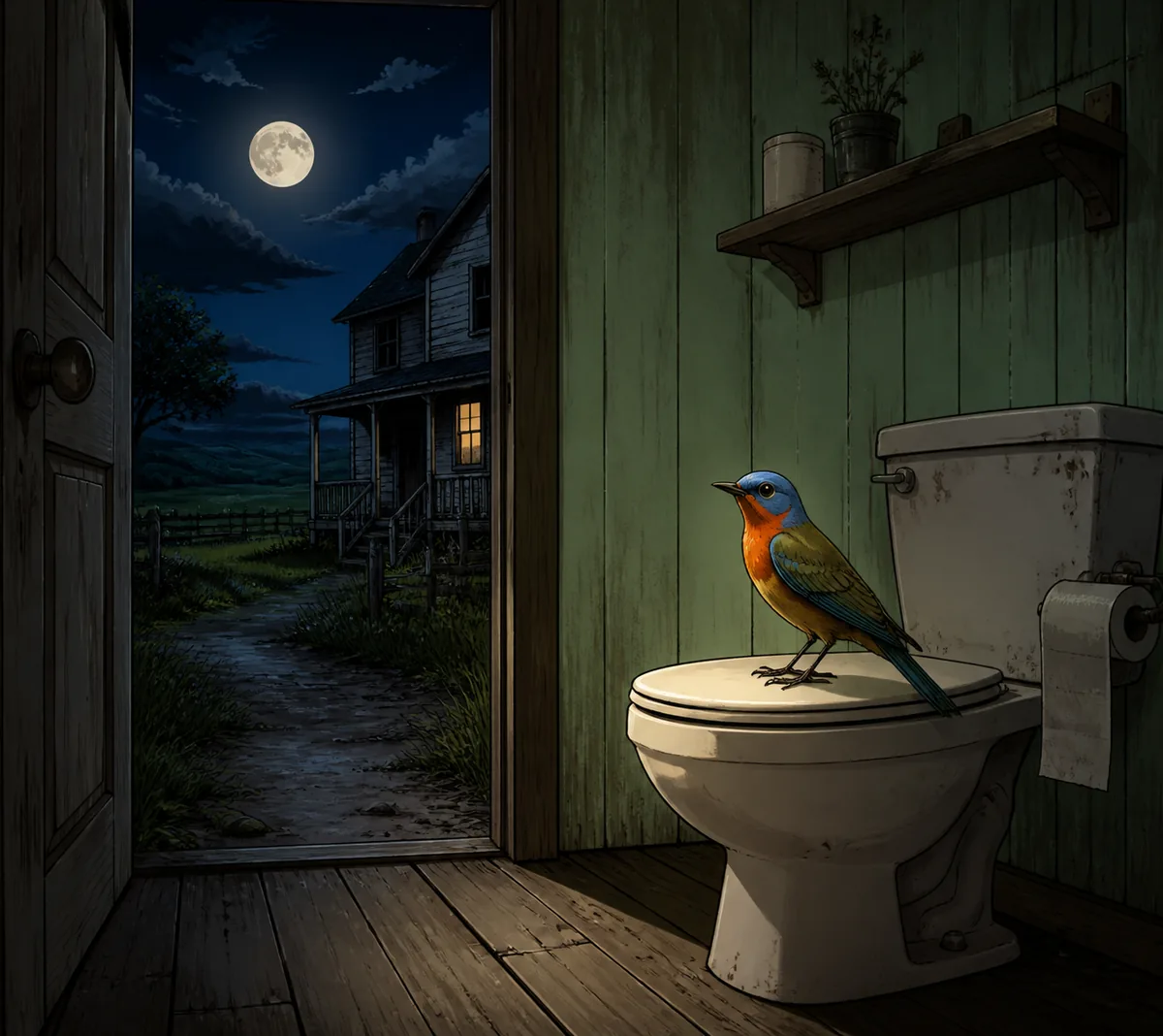 AI-assisted concept illustration of a colorful bird perched on a toilet in a rustic moonlit bathroom