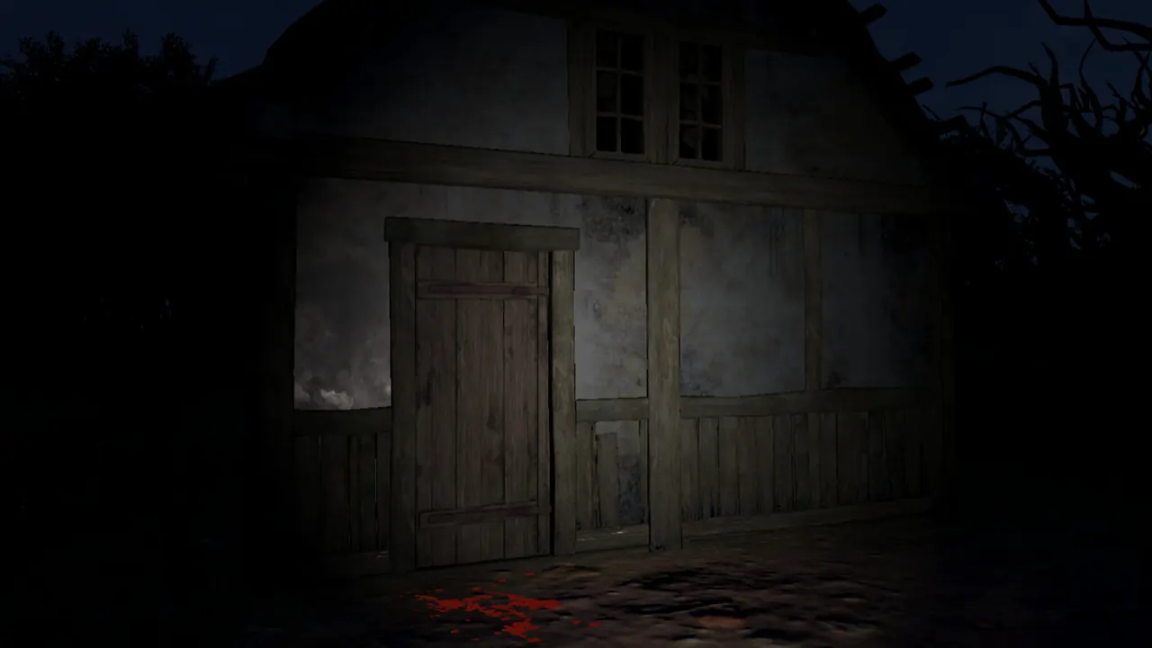Official Scary Game 2 Steam screenshot showing a dark farmhouse doorway at night
