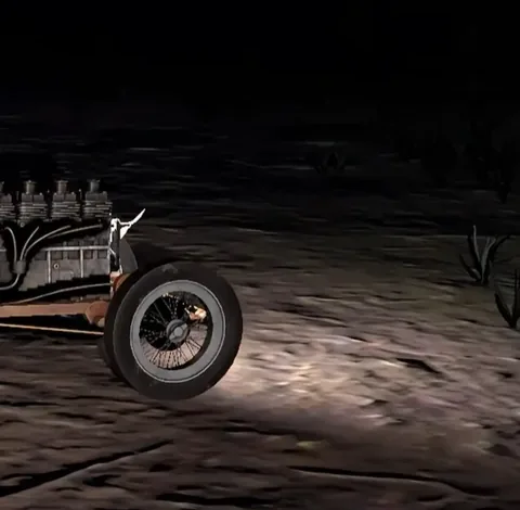 Recadrage d'une capture officielle de Scary Game 2 centré sur un véhicule étrange et le sol sombre, sans personnage visible