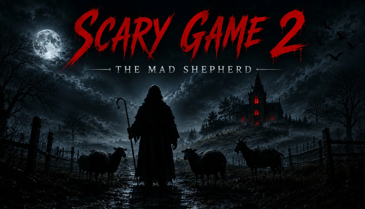Official Scary Game 2 The Mad Shepherd key art showing the shepherd and sheep at night