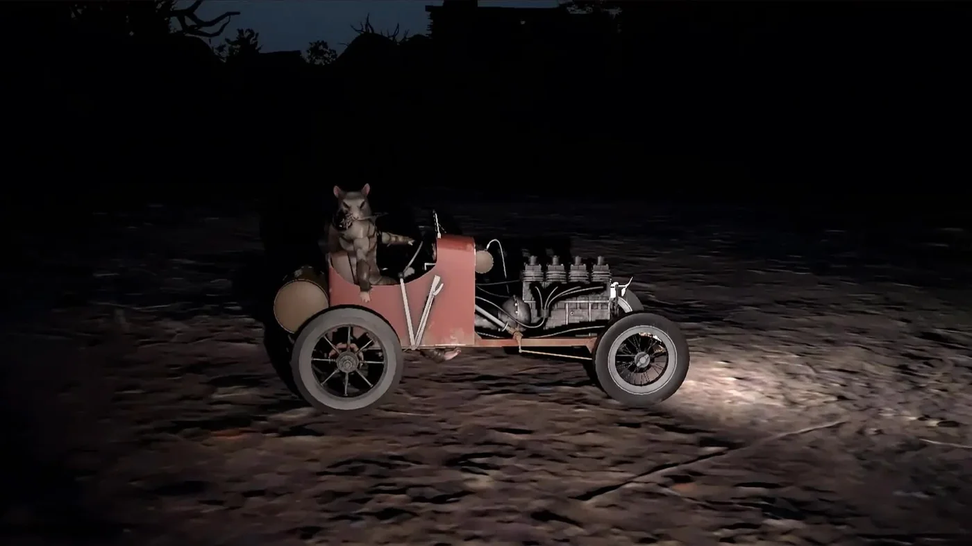 Scary Game 2 trailer scene with a cat driving a small vintage car at night
