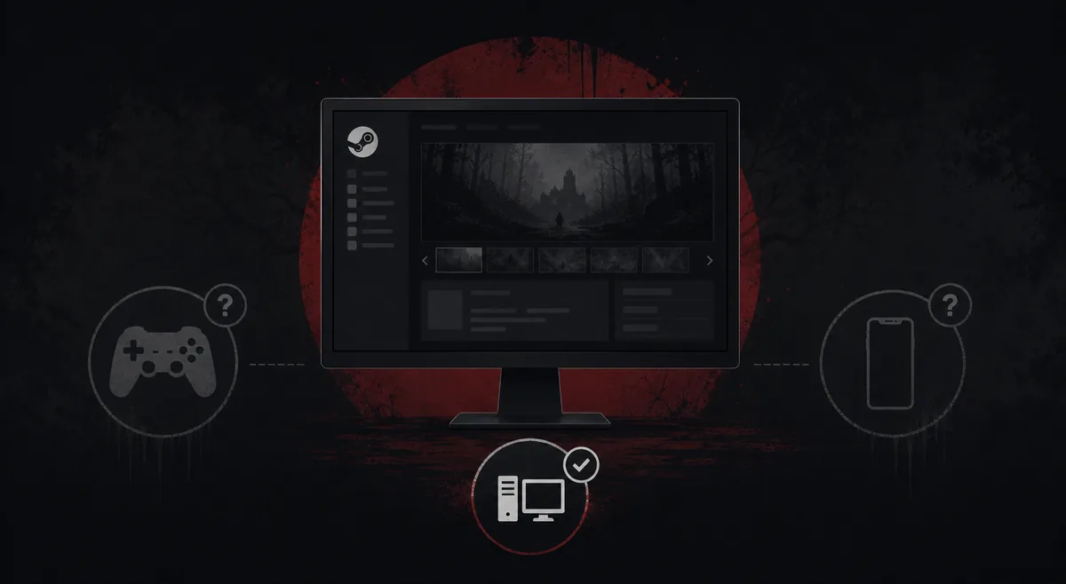 Editorial Scary Game 2 platforms guide visual showing PC, console, mobile, and multiplayer questions