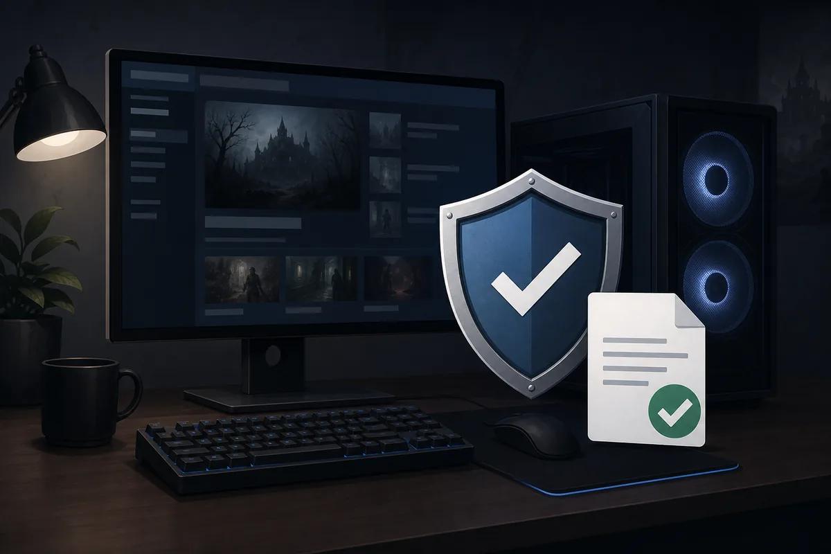 Editorial safe source check visual for Scary Game 2 PC and Steam platform verification
