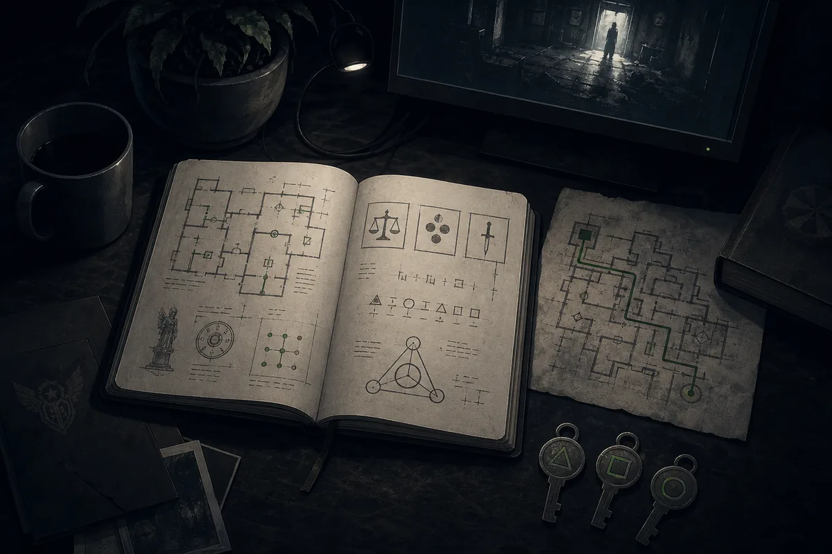 Editorial Scary Game 2 puzzle guide illustration with clue notebook and route map
